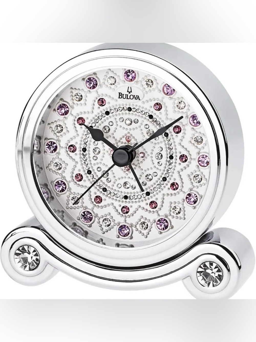 Bulova Silver Table Clock with Pink & Clear Crystal Accents